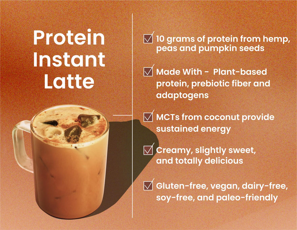 Scoop of Laird Superfood Protein Instant Latte beside a mug for a fast, nutritious boost