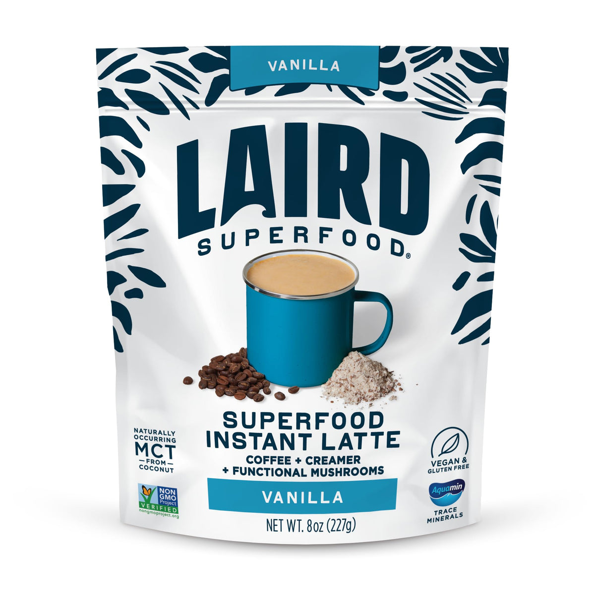 Laird Superfood Vanilla Instant Latte bag displaying packaging and vanilla ingredients for a dairy-free latte.