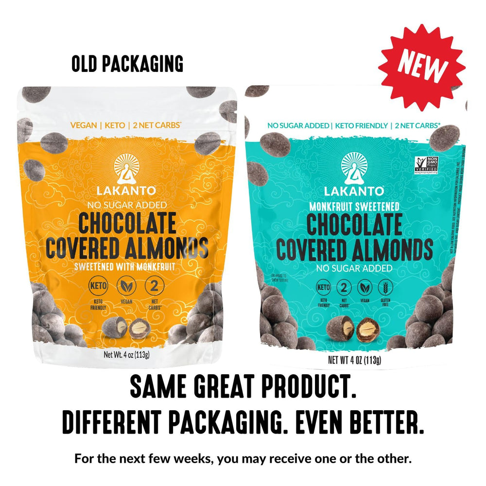 Lakanto almonds with cocoa-butter coating deliver premium texture.
