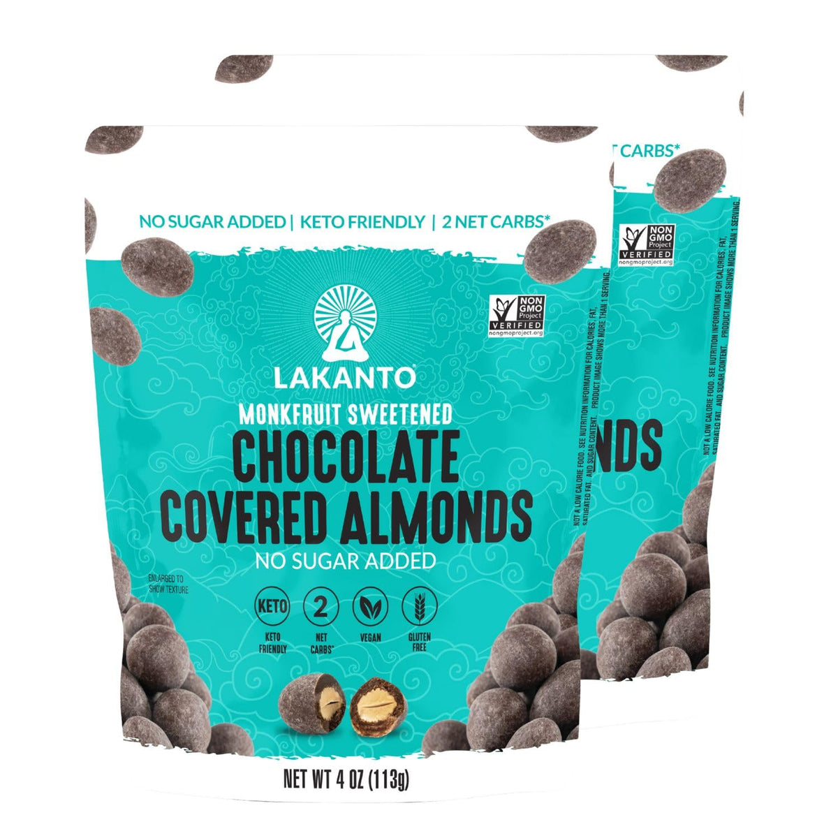 Lakanto chocolate-covered almonds with dark chocolate and sea salt, keto-friendly indulgence.