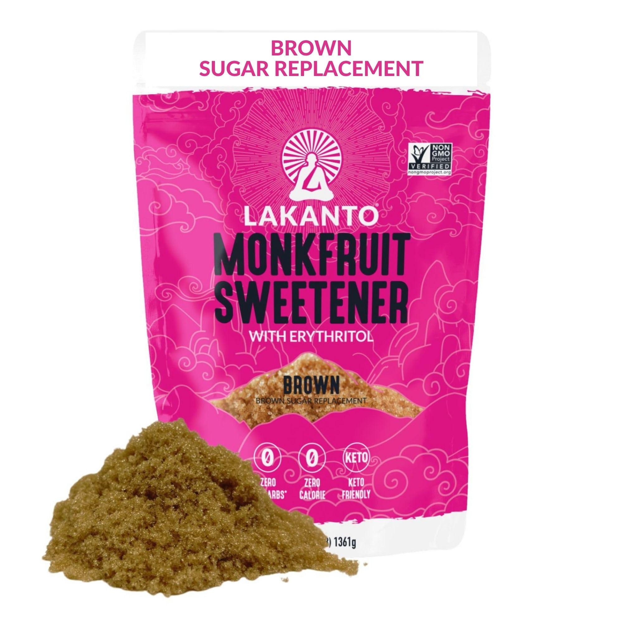 The Lakanto Brown Monk Fruit Sweetener bottle front shows it as a zero-calorie sugar substitute.