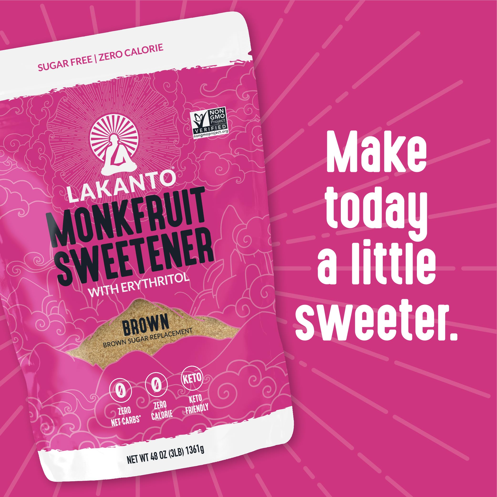 Lakanto sweetener stirred into a steaming cup of coffee.