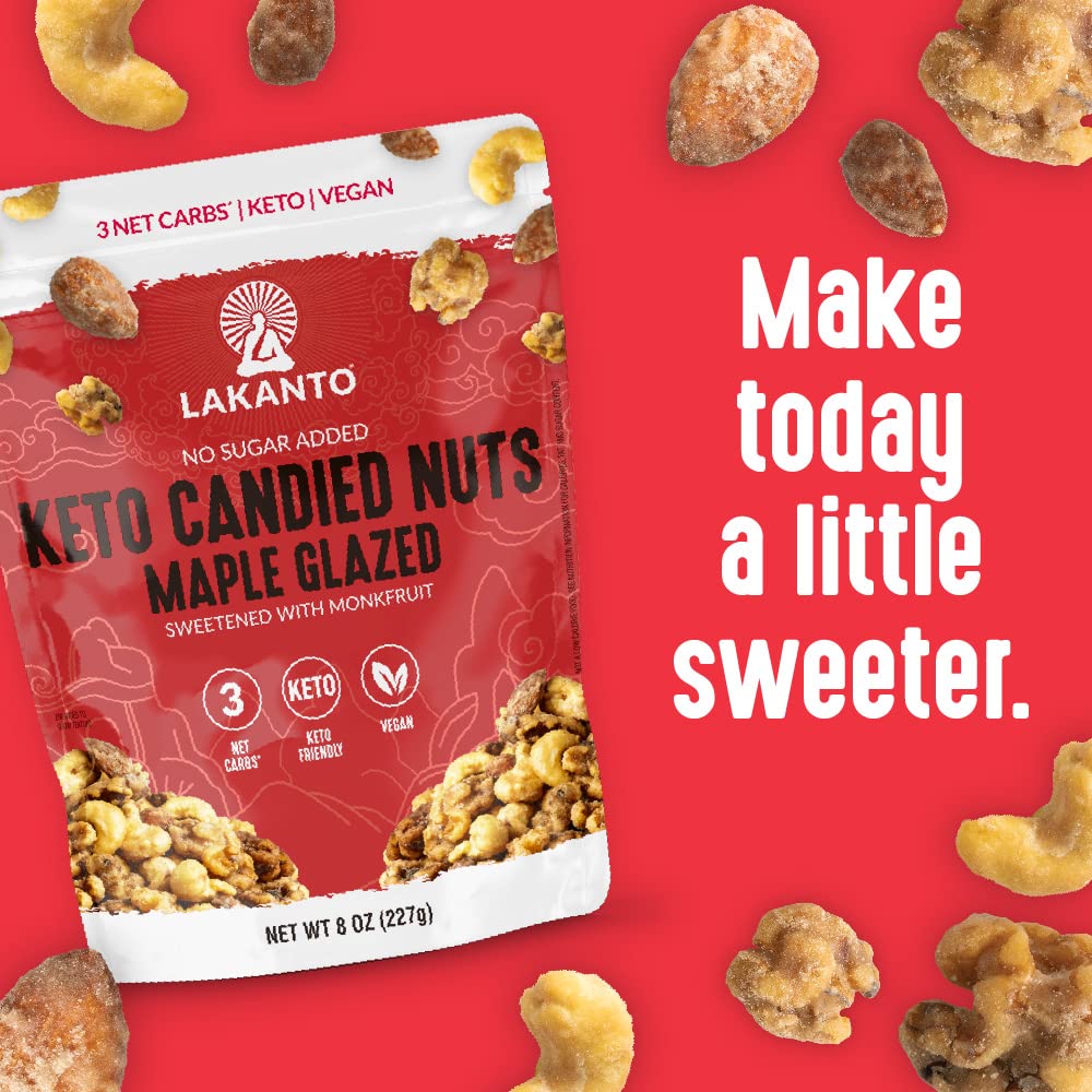 Lakanto Candied Nuts Maple Glazed nutritional facts show calories and net carbs.