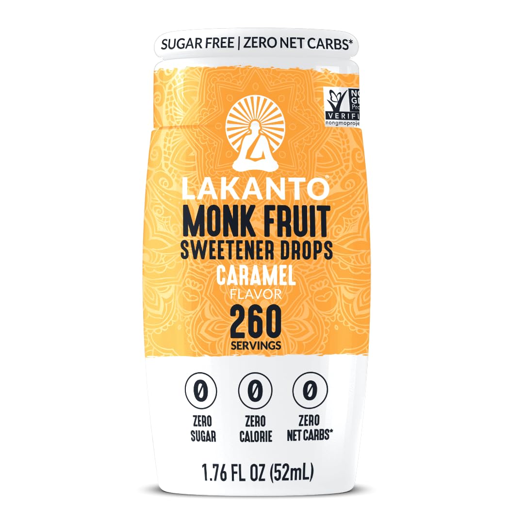 Lakanto Caramel Drops bottle on counter for zero-calorie sweetness.