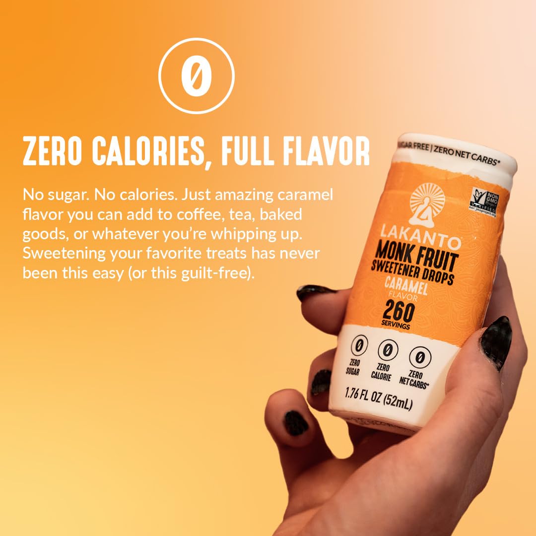 Portable Lakanto Caramel Drops bottle highlights clean-label sweetness.