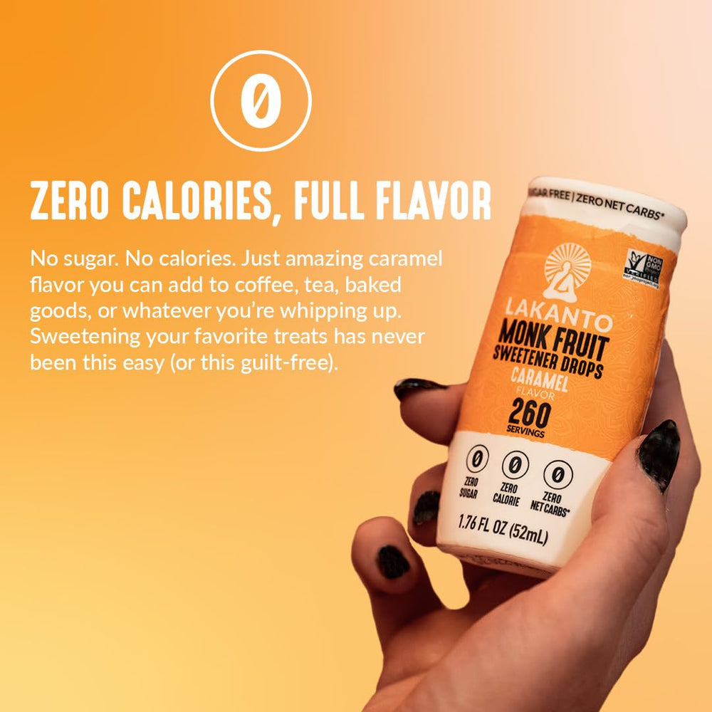 Portable Lakanto Caramel Drops bottle highlights clean-label sweetness.