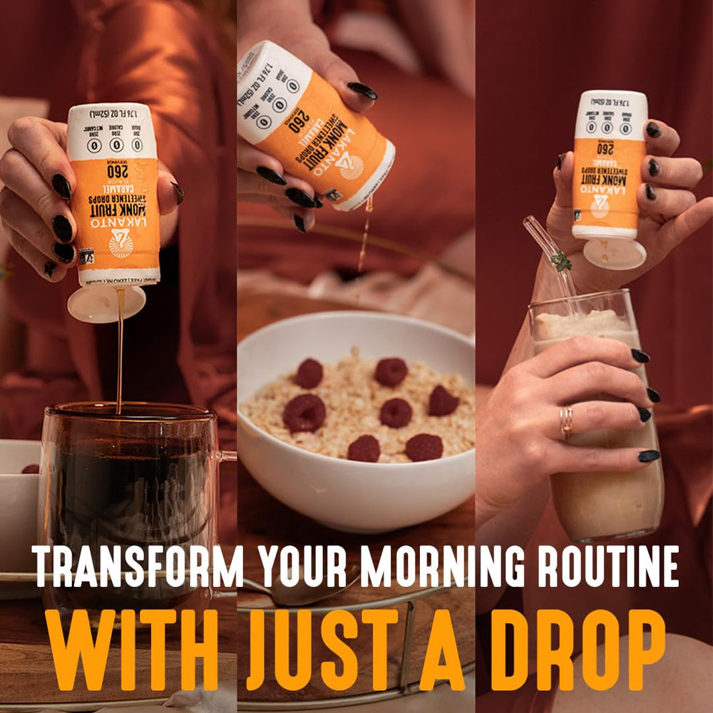 Lakanto Caramel Drops stirred into tea for warm caramel aroma.