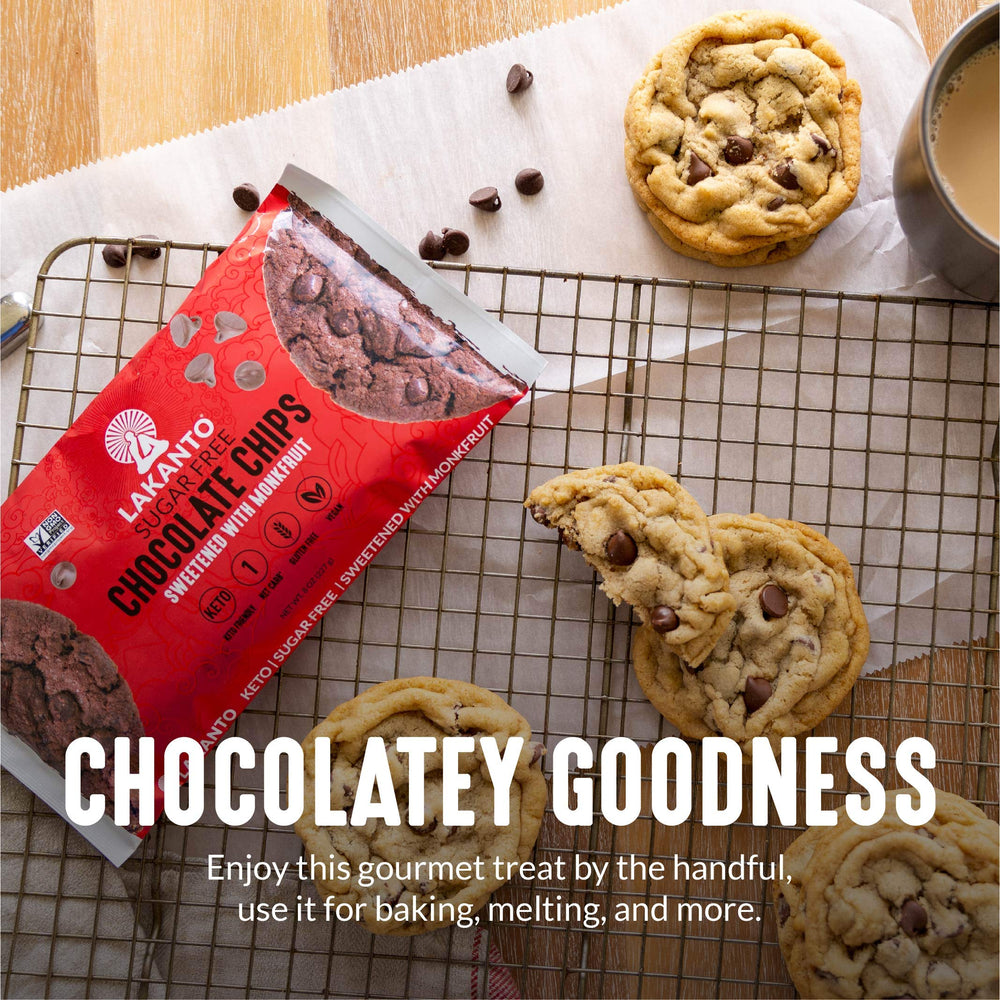 Lakanto chips pour into batter for baking cookies and brownies.