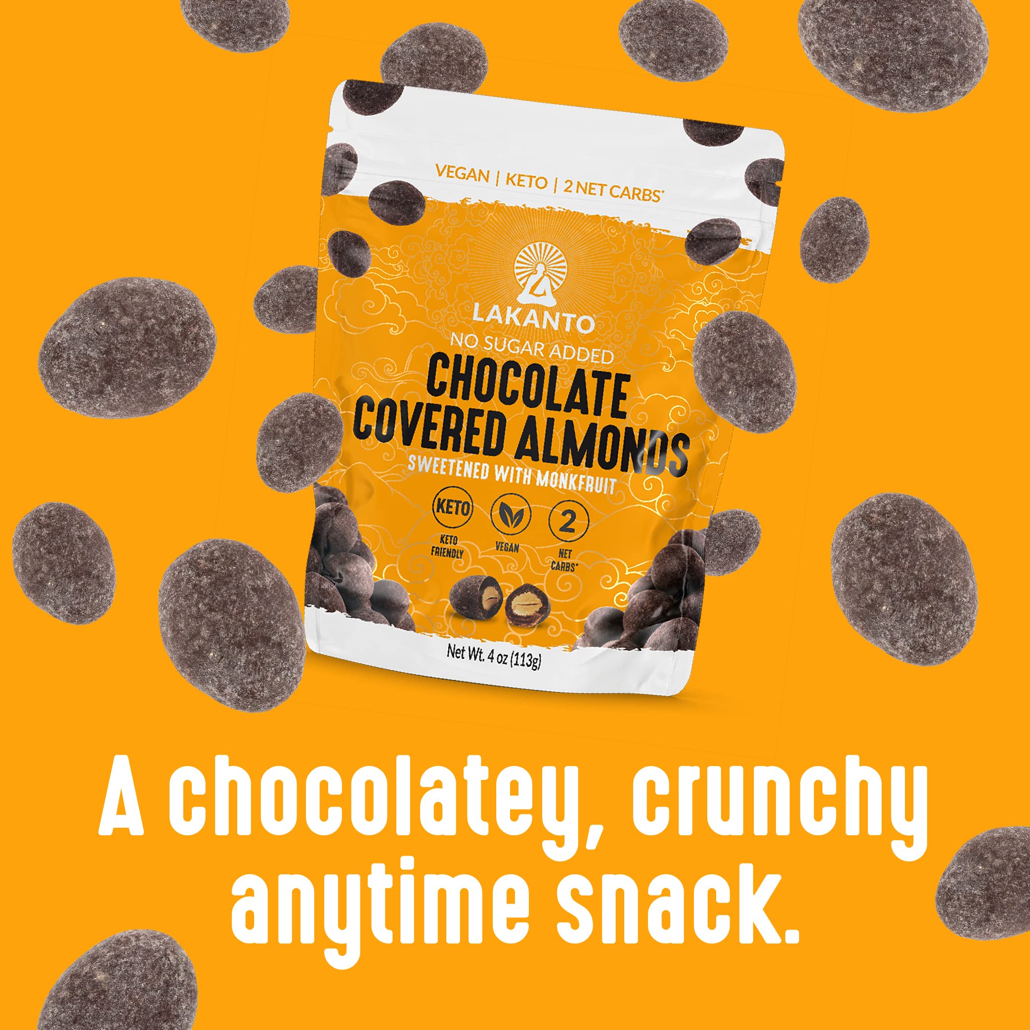 Lakanto vegan, dairy-free chocolate almonds for plant-based snacking moments.