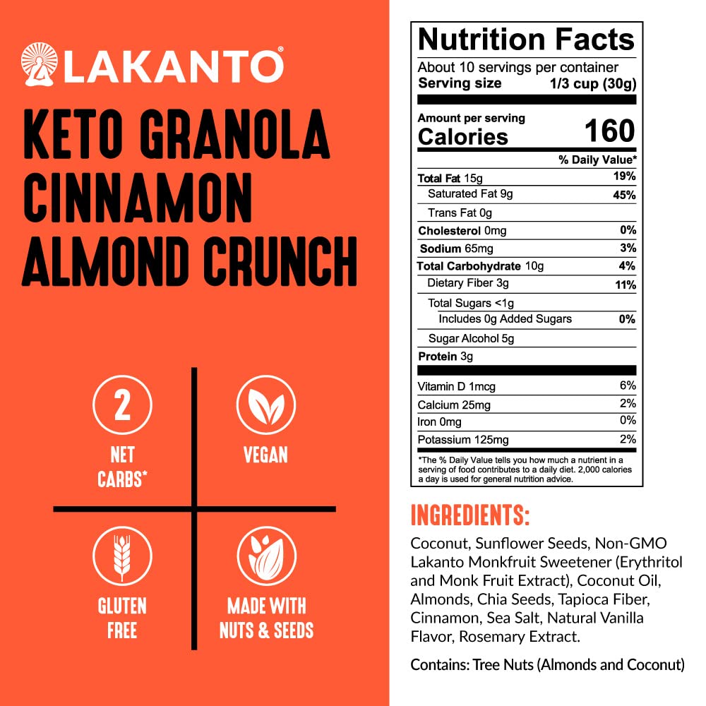 Close-up of Lakanto granola ingredients: coconut, almonds, chia, seeds