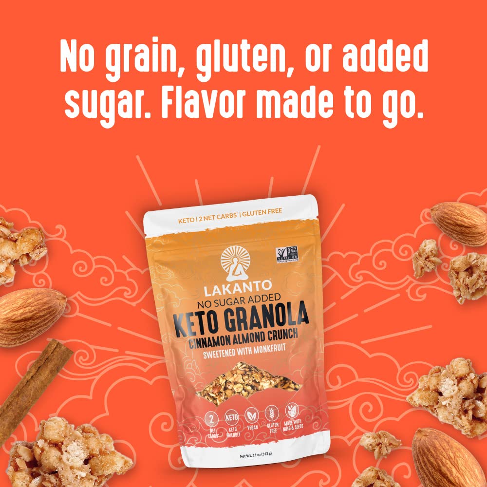 No sugar added message and serving suggestions for Lakanto granola