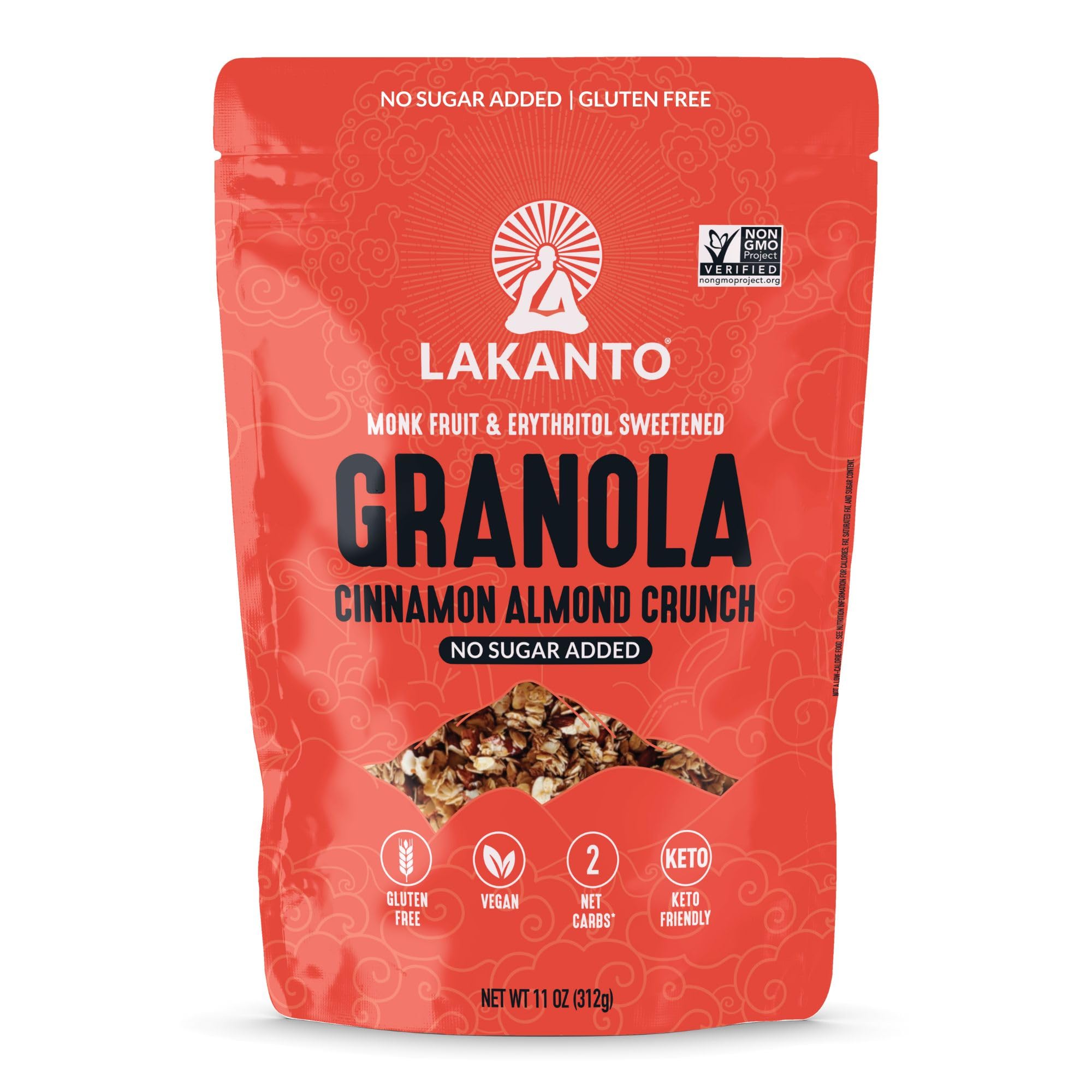 Lakanto Cinnamon Almond Crunch Granola pack shot showing no sugar added and gluten-free ingredients