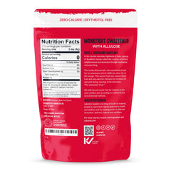 Lakanto Classic Monk Fruit Sweetener bag back with nutrition highlights and usage tips