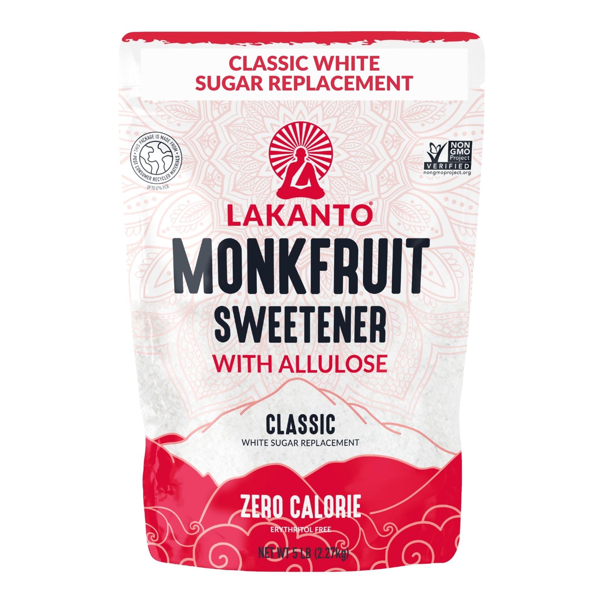 Lakanto Classic Monk Fruit Sweetener bag showing 5 lb package, ideal 1:1 sugar substitute for baking and cooking