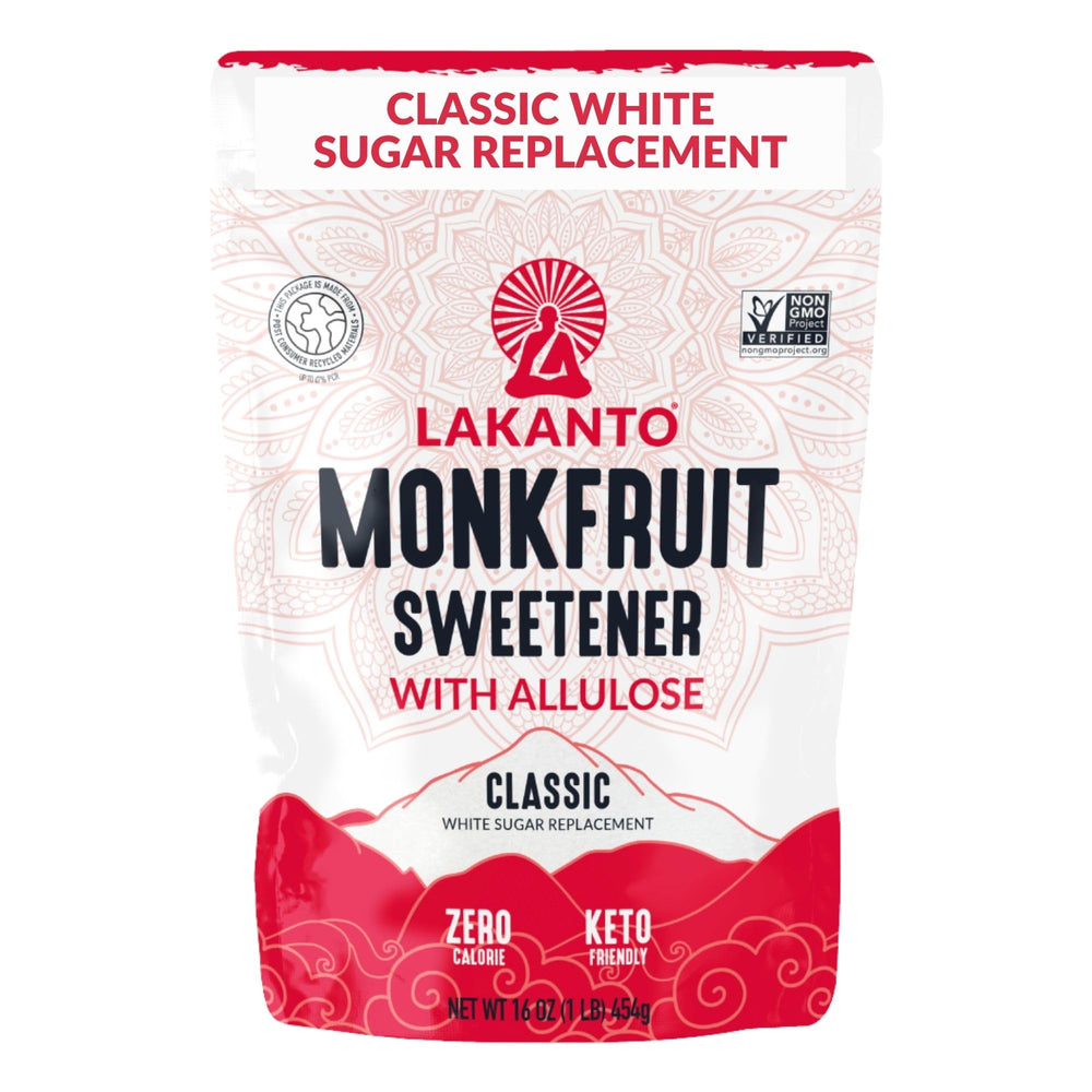 Lakanto Classic Monkfruit Allulose bottle pour demonstrates zero-calorie sweetness for beverages and baking.