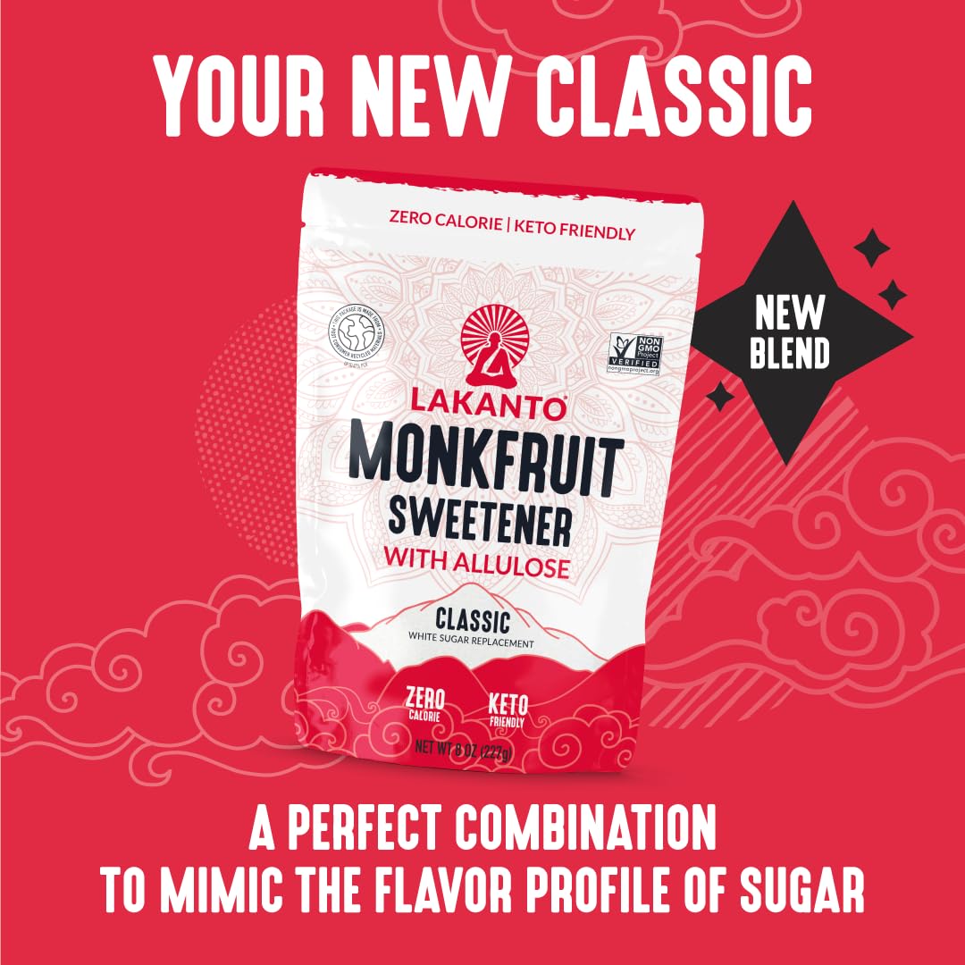 Lakanto Classic Monkfruit Sweetener dissolving in tea presents calorie-free sweetness.