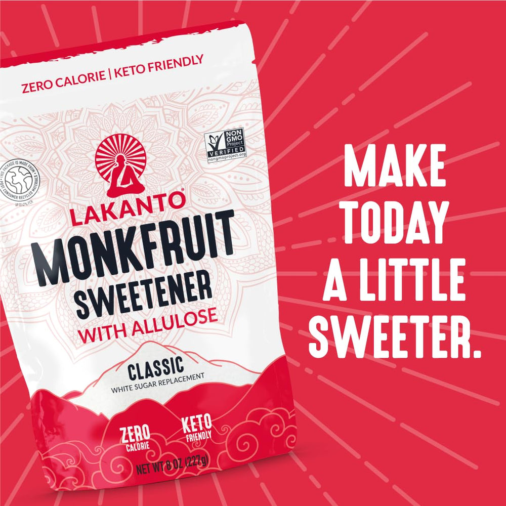 Lakanto Classic Monkfruit Sweetener kitchen scene illustrates everyday sugar substitute.