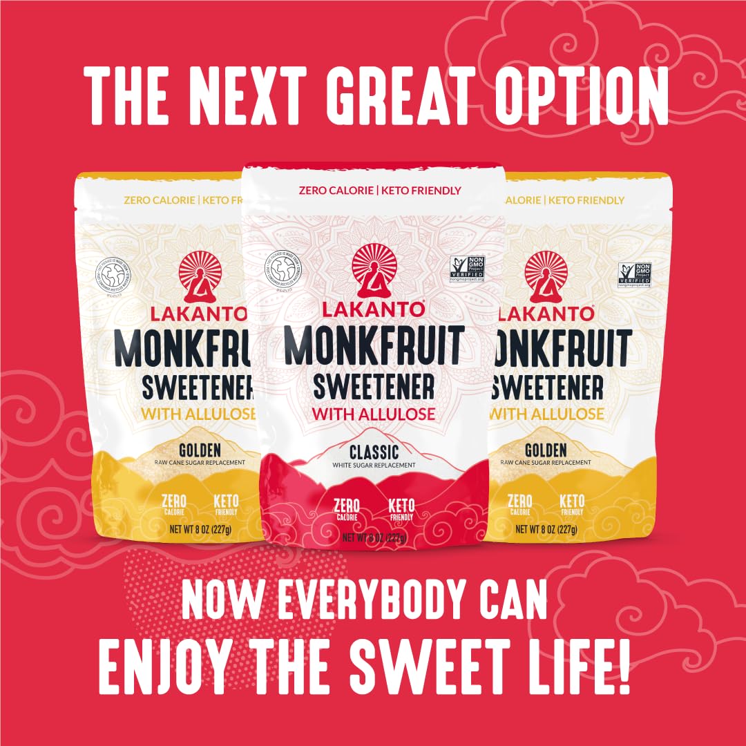Lakanto Classic Monkfruit Sweetener nutrition label highlights gluten-free and zero calories.
