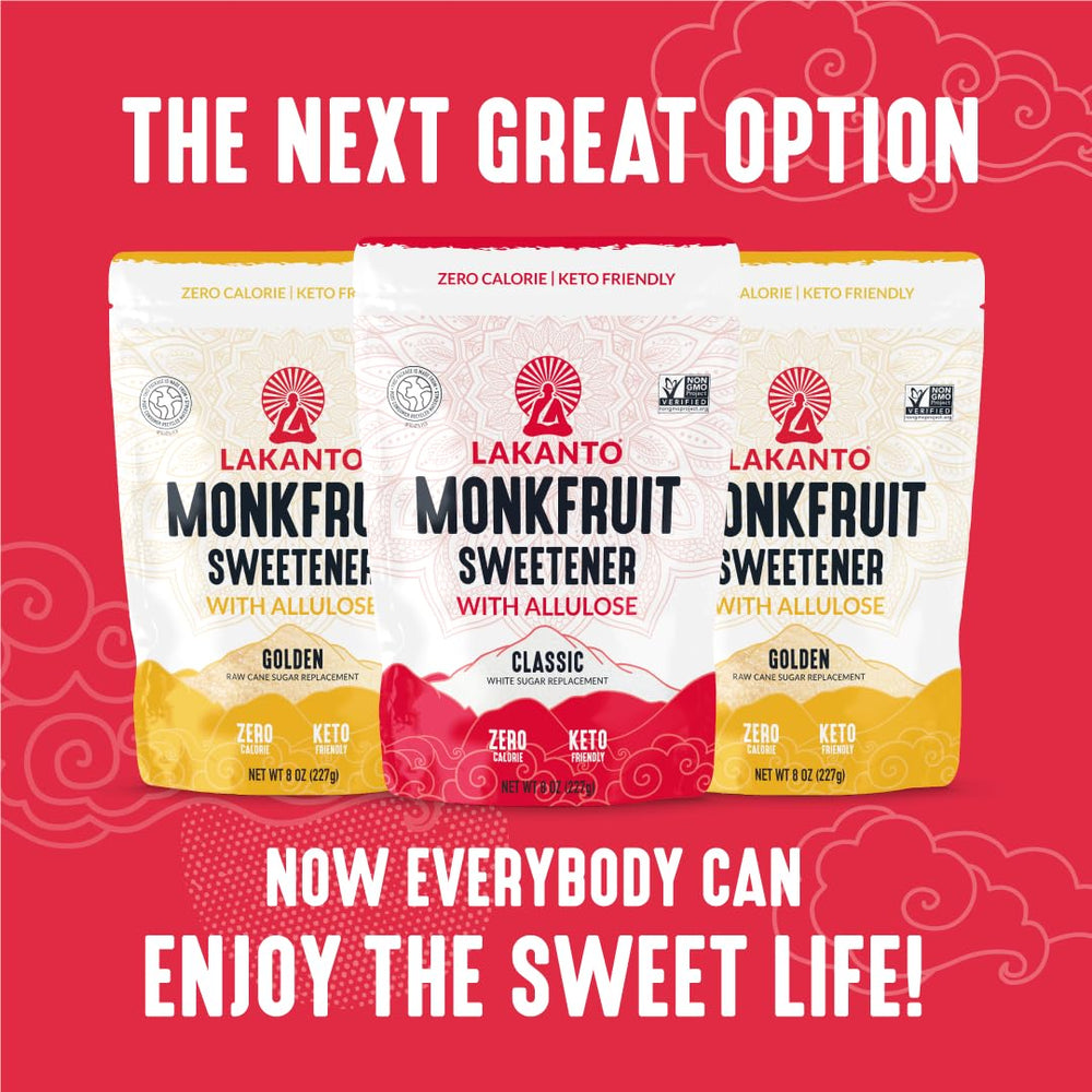 Lakanto Classic Monkfruit Sweetener nutrition label highlights gluten-free and zero calories.