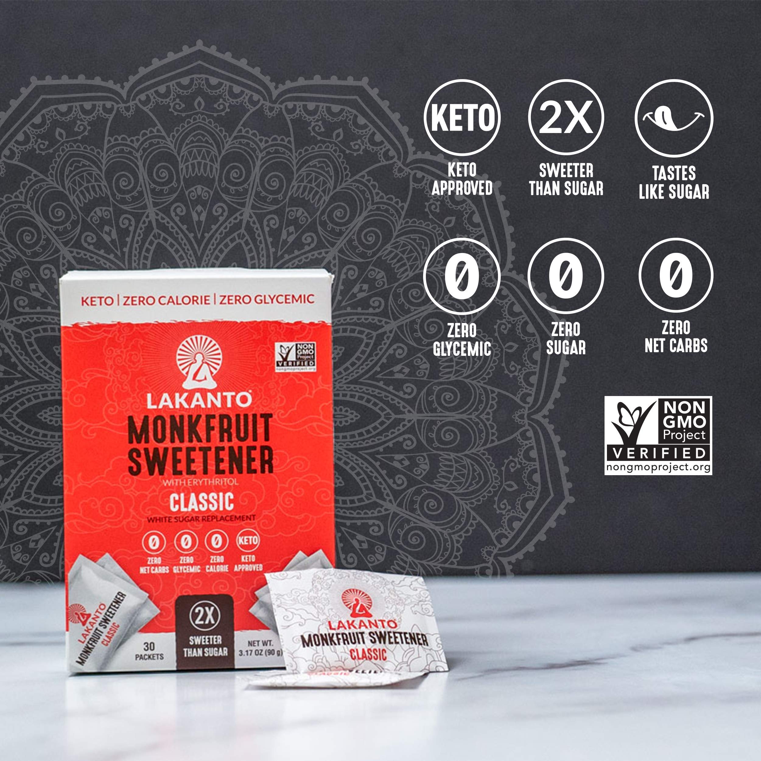 Lakanto Classic Monkfruit Sweetener packets on a dessert plate for light, natural sweetness