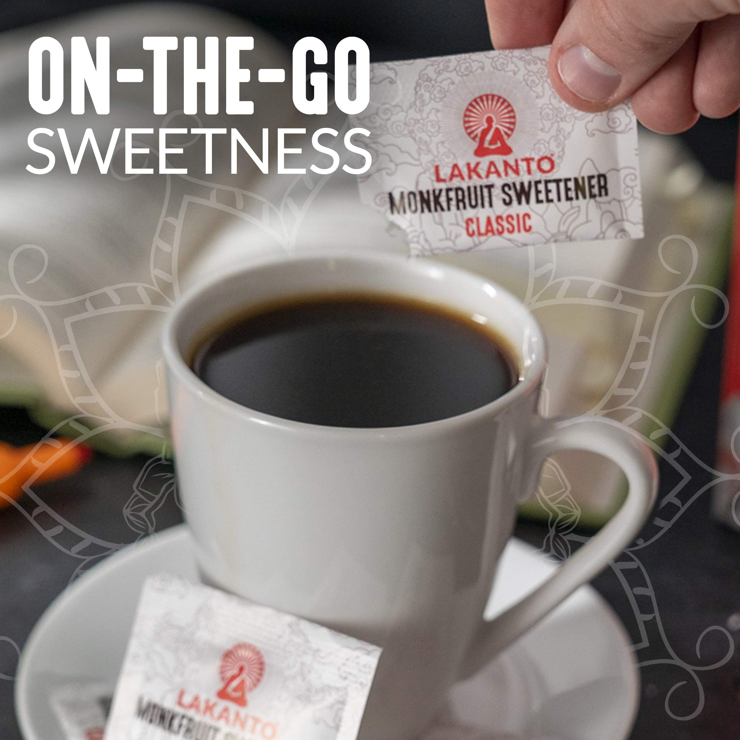 Lakanto Classic Monkfruit Sweetener packets beside a lemonade glass for zero-calorie sweetness