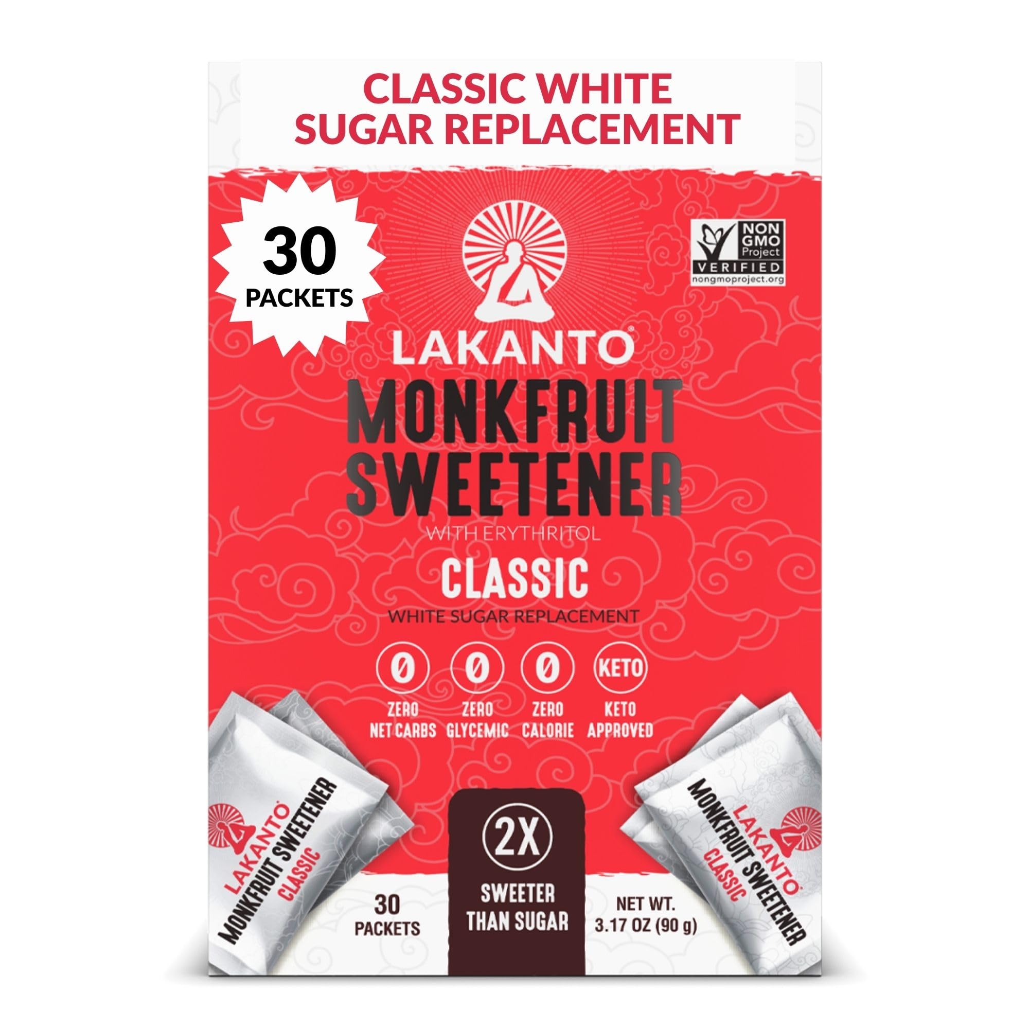 Lakanto Classic Monkfruit Sweetener packets in a tea cup for calorie-free sweetness