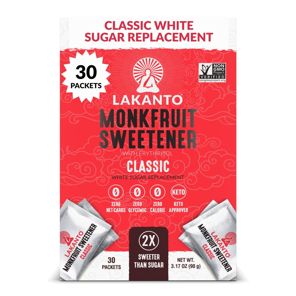Lakanto Classic Monkfruit Sweetener packets in a tea cup for calorie-free sweetness