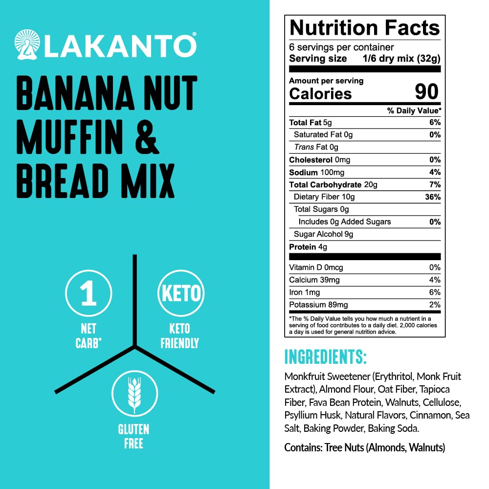 Lakanto gluten-free banana nut muffin mix dry ingredients ready for mixing.