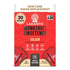 Lakanto Golden Monk Fruit packets on the go for quick, guilt-free sweetness.