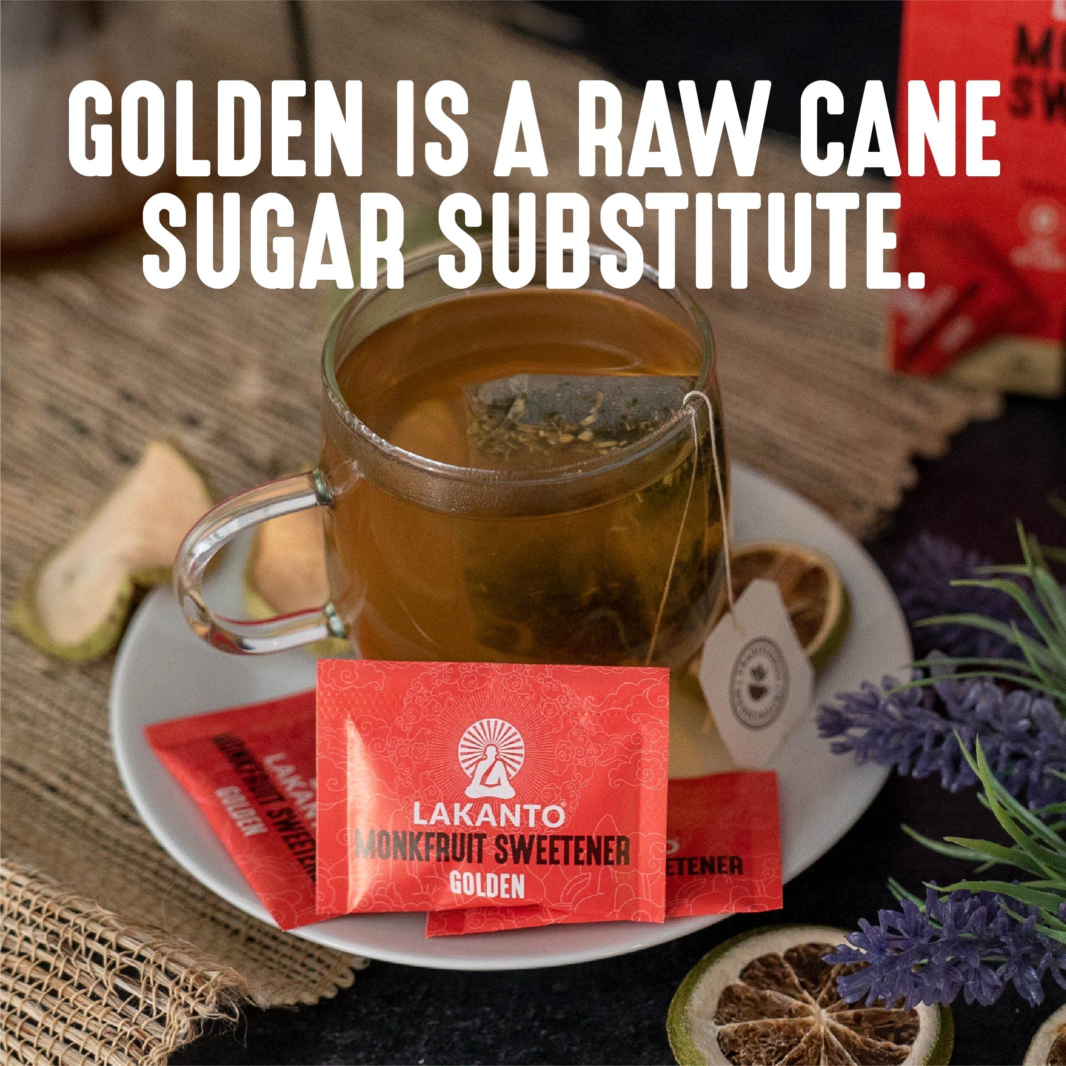 Lakanto packets with tea cup highlighting versatile beverage sweetening.