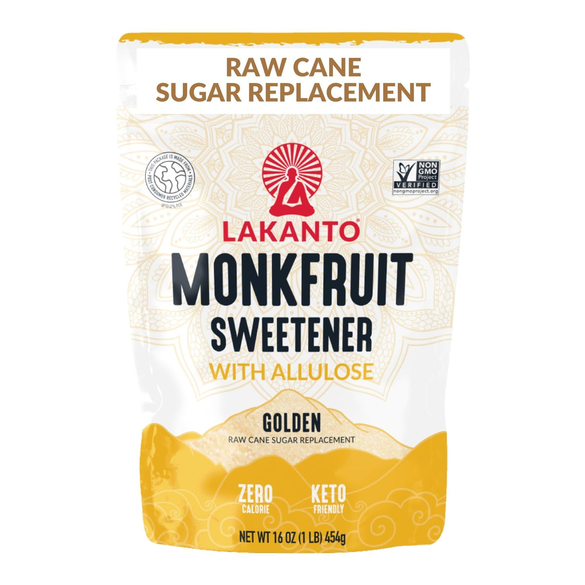 Lakanto Golden Monkfruit Sweetener bag poured for sugar-free coffee and tea.