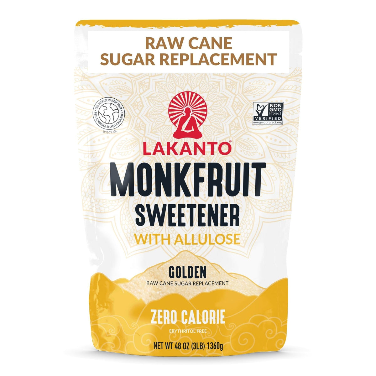 Lakanto Golden Monkfruit Sweetener bag showing calorie-free sweetness for baking