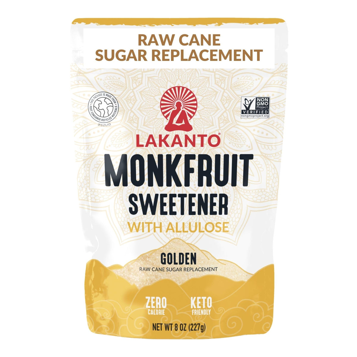 Lakanto Golden Monkfruit Sweetener bag showing calorie-free sugar substitute for baking