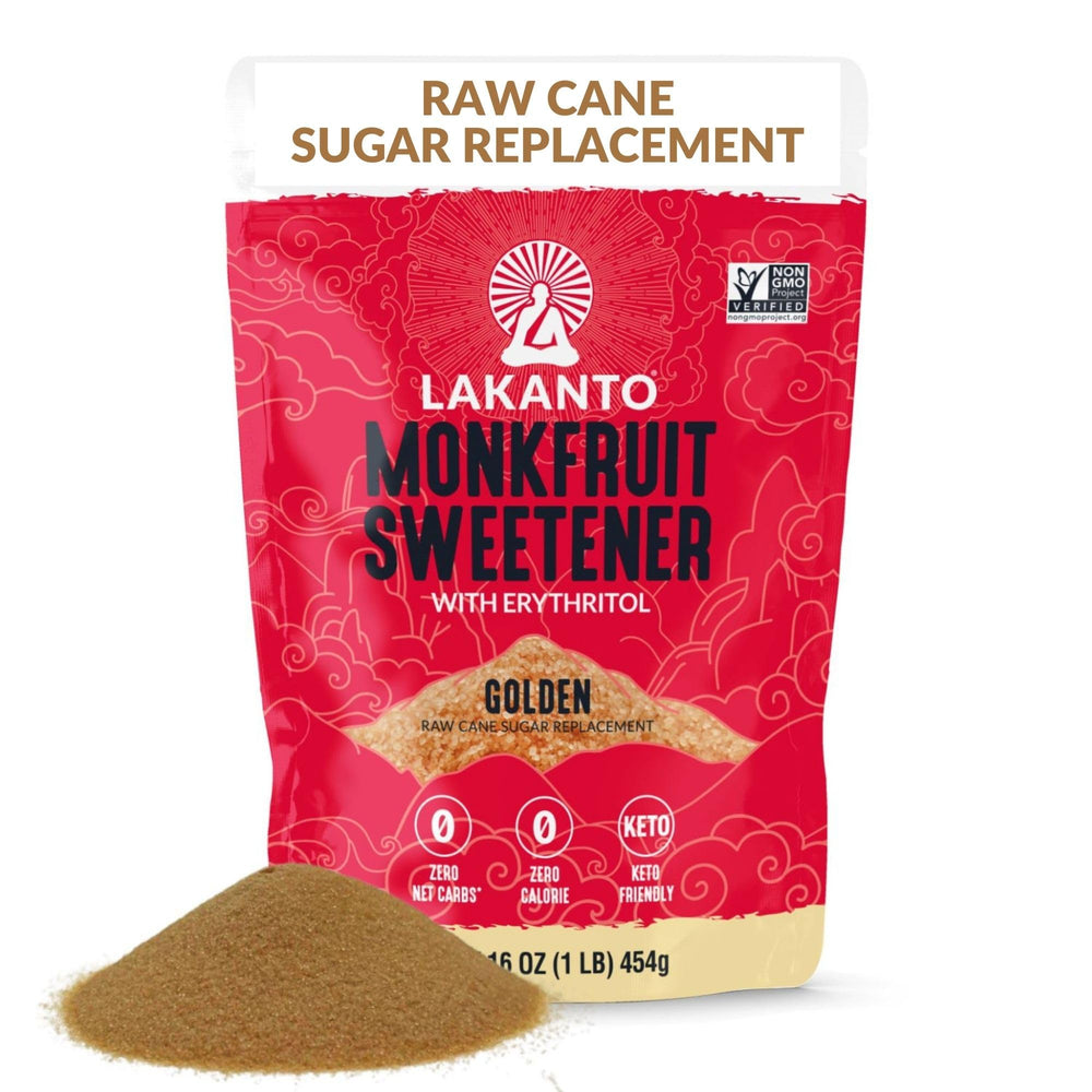 Lakanto Golden Monk Fruit Sweetener bottle on the counter for baking and beverages.