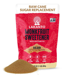 Lakanto Golden Monk Fruit Sweetener bottle on the counter for baking and beverages.