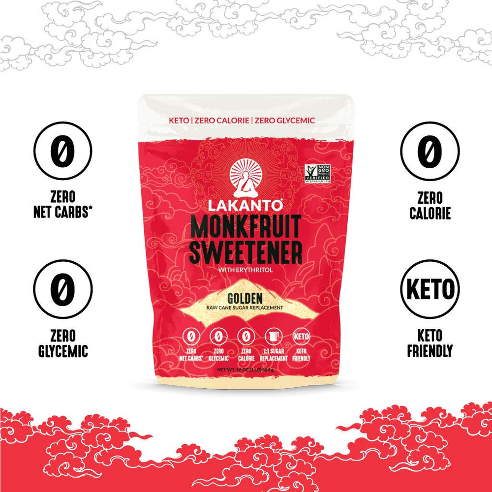Cup of coffee with Lakanto Golden Monk Fruit Sweetener for a sugar-free boost.