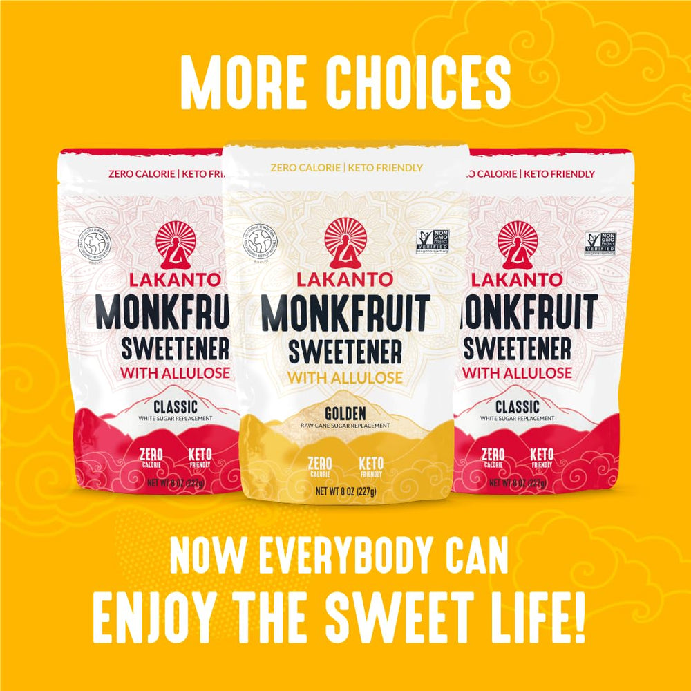 Kitchen shelf featuring Lakanto Golden Monkfruit Sweetener as a low-carb option