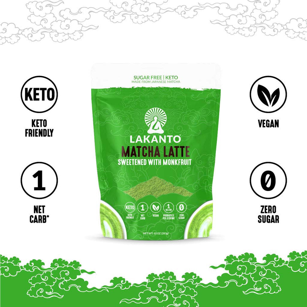 Dairy-free milk being poured beside Lakanto Matcha Latte powder.