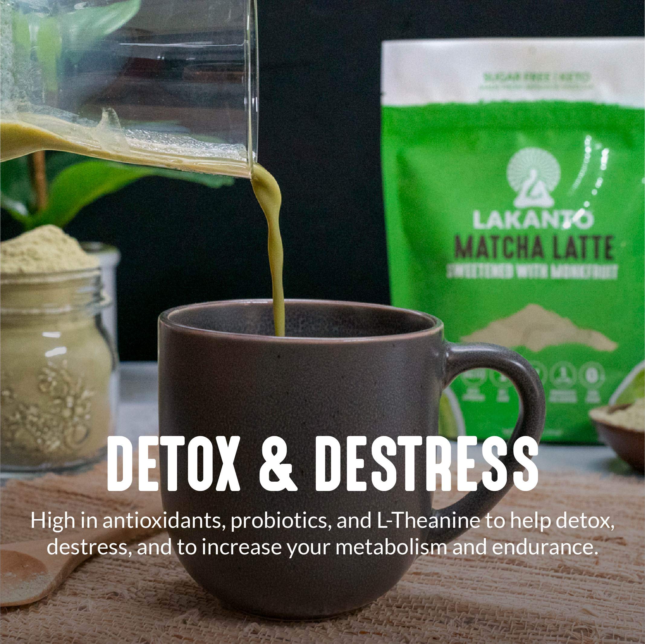 Glass of Lakanto Matcha Latte over ice for a refreshing iced latte.