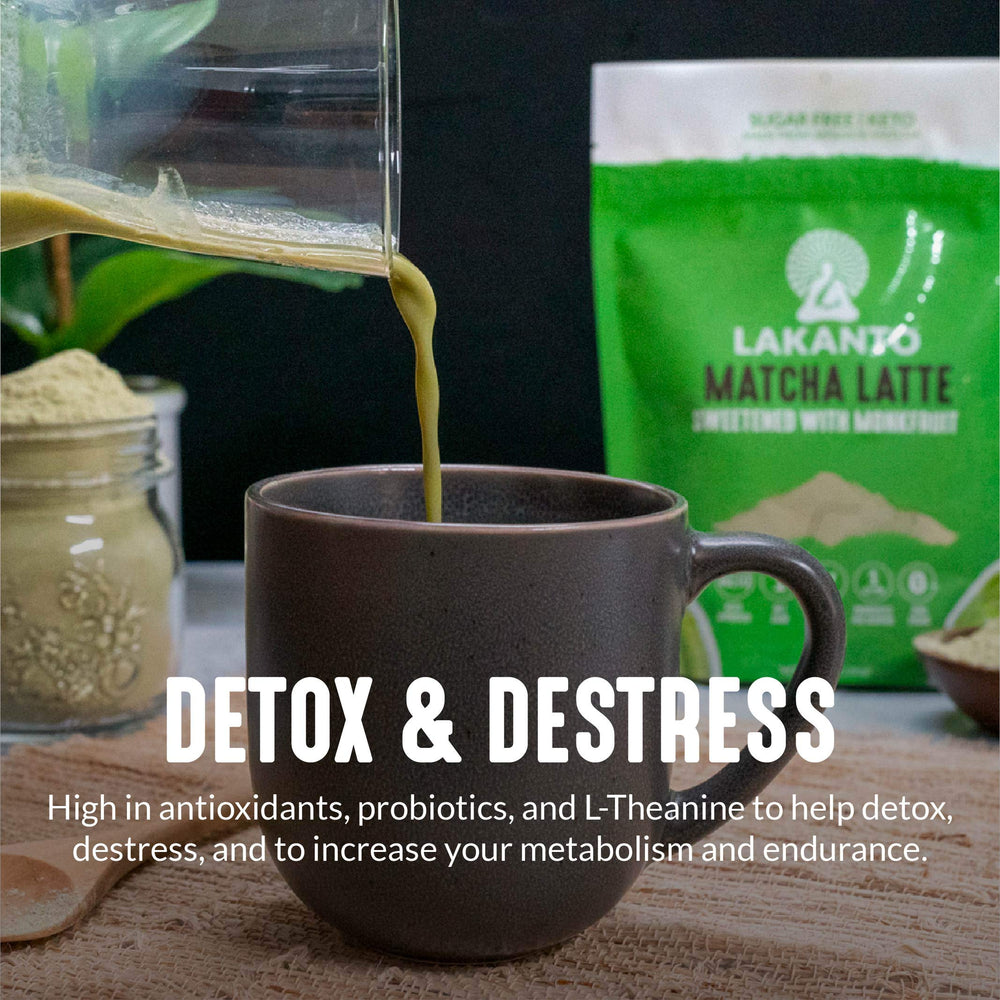 Glass of Lakanto Matcha Latte over ice for a refreshing iced latte.