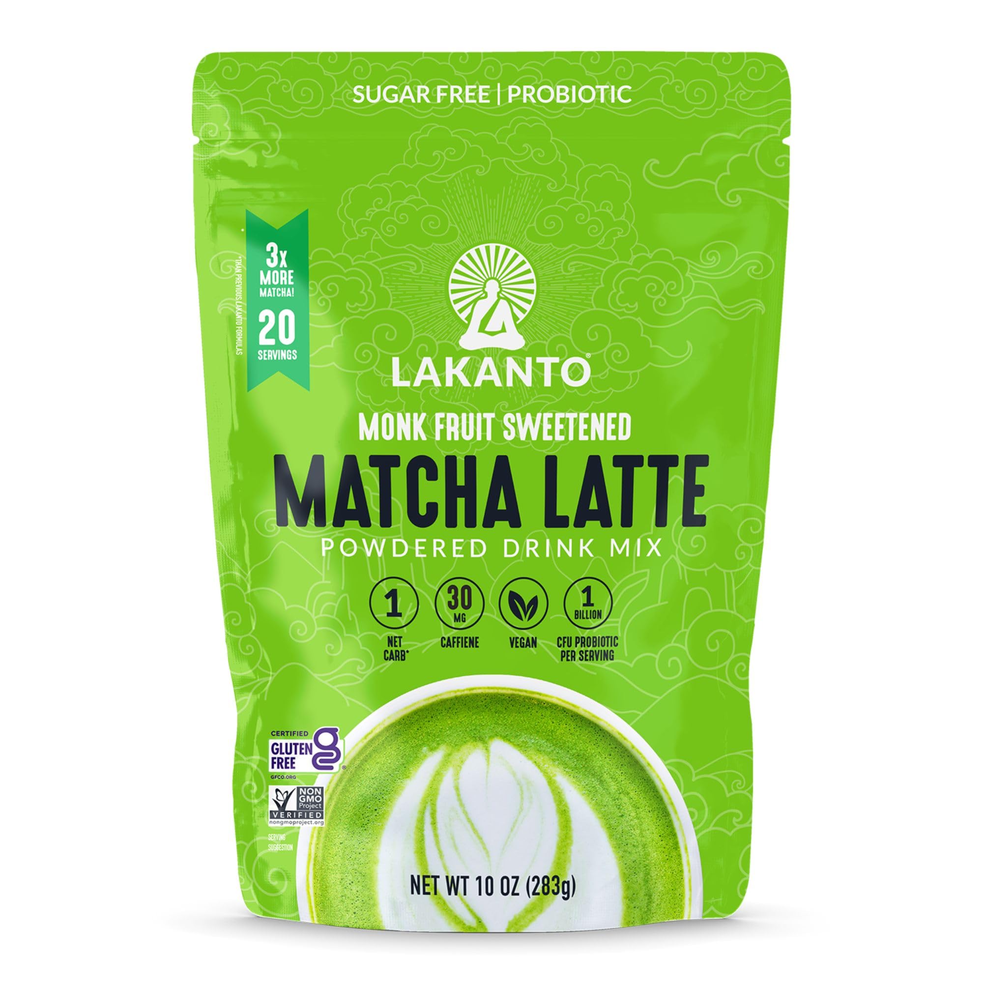 Lakanto Matcha Latte powder bag with authentic UJI green tea flavor.