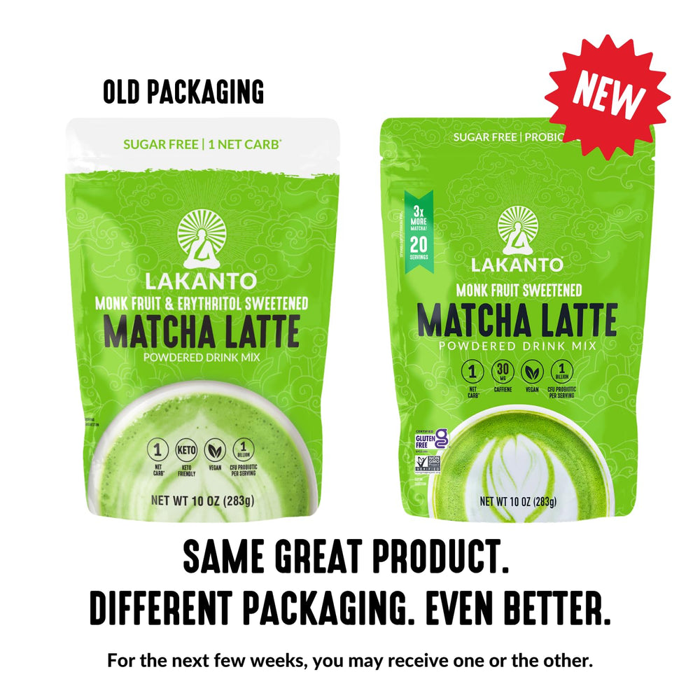Label highlights shelf-stable probiotics and fiber in Lakanto Matcha Latte.