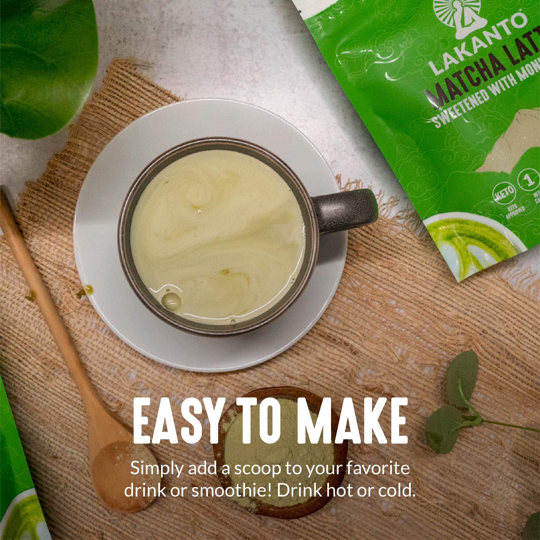 Scoop of Lakanto Matcha Latte on a clean kitchen counter.
