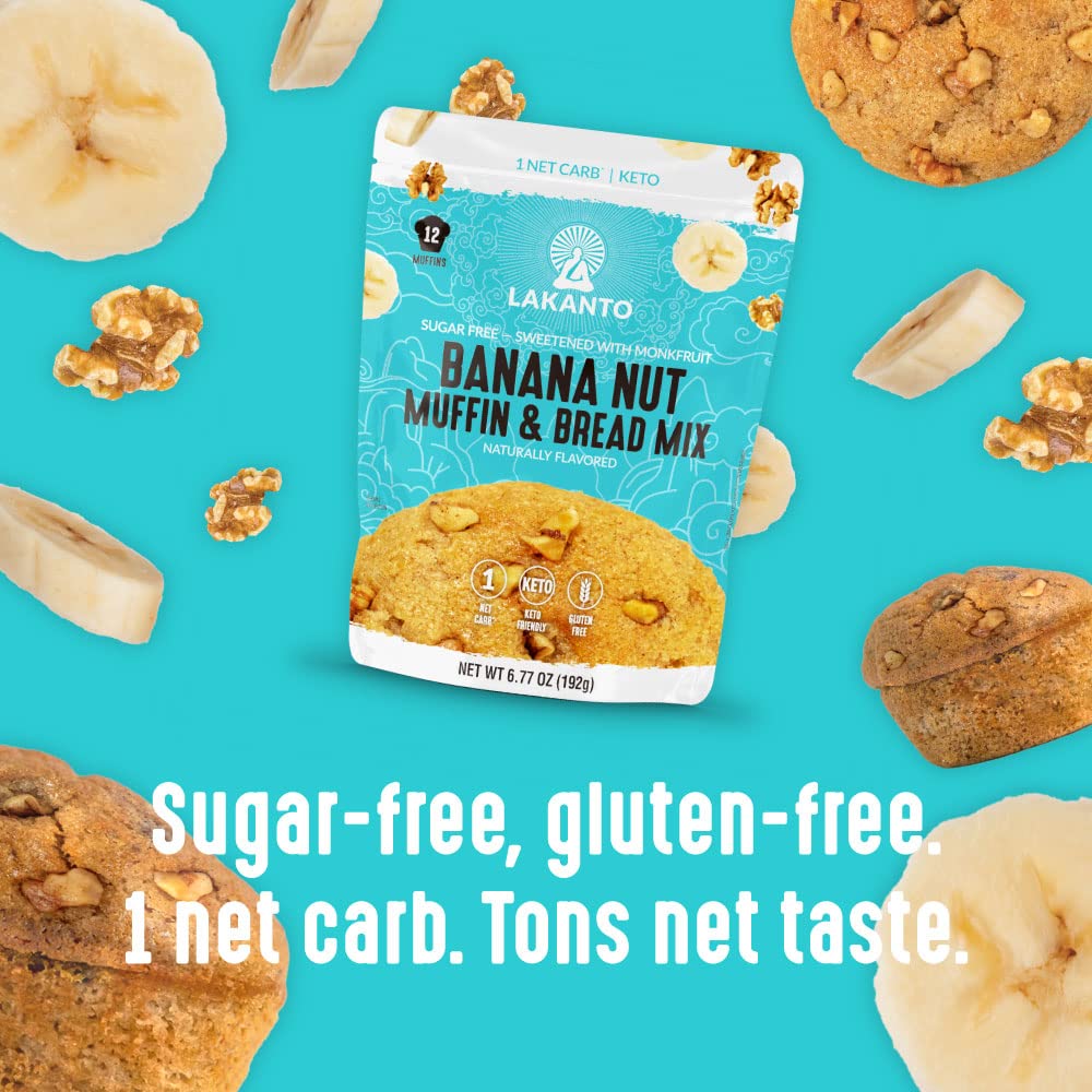 Lakanto monk fruit sweetened muffin mix label highlighting natural sweetener.
