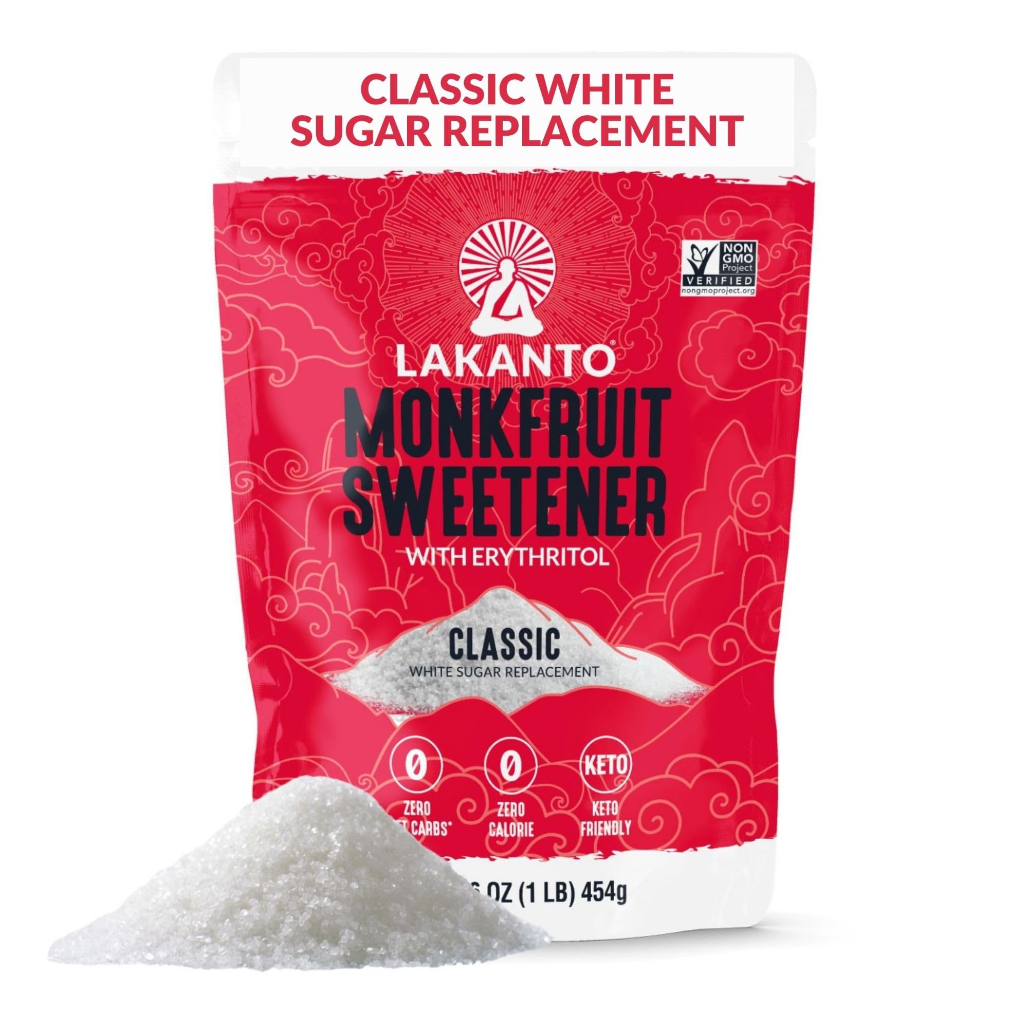 Lakanto Monkfruit Sweetener with Erythritol, pouring into a cup for calorie free sweetness