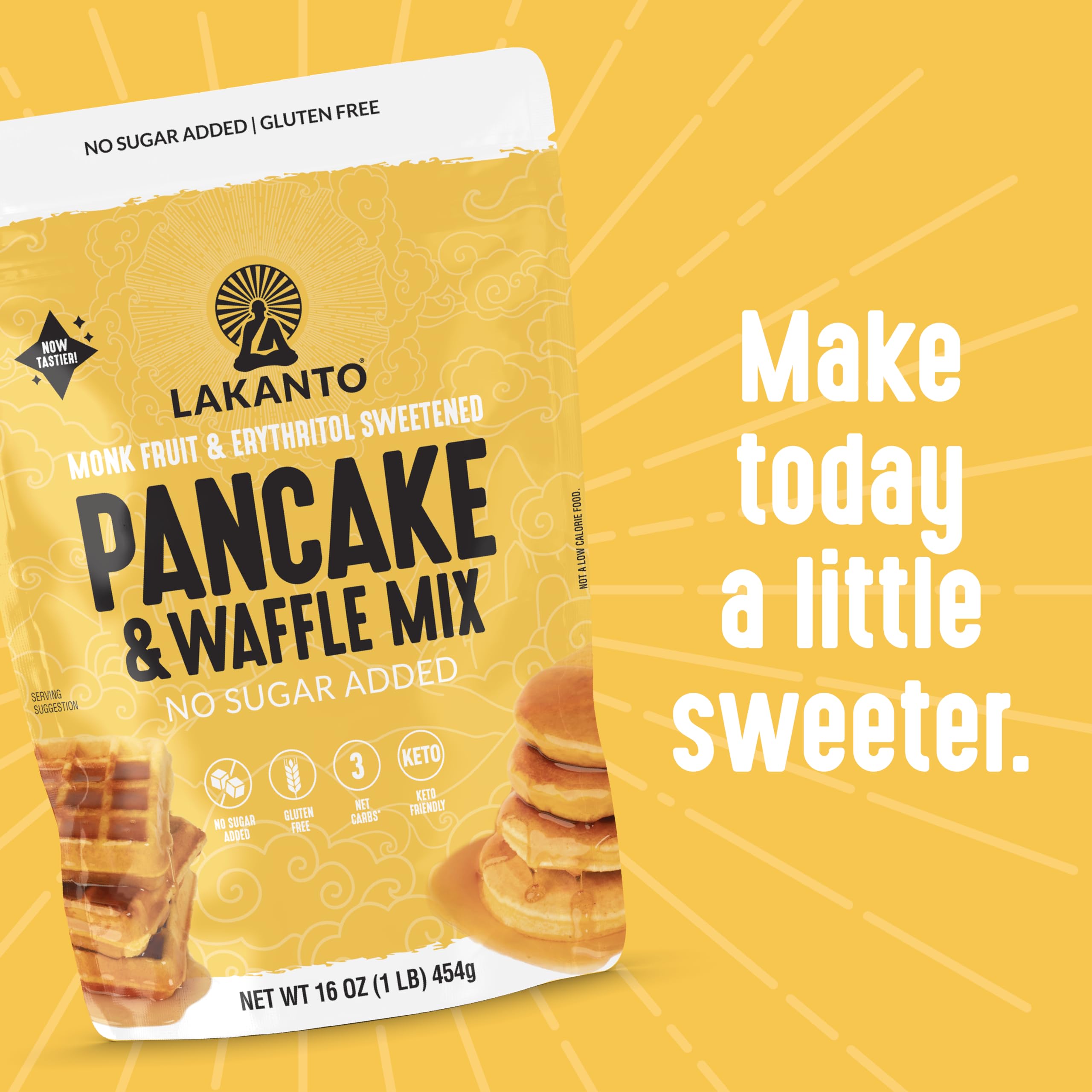 Measuring scoop beside Lakanto mix supports precise, low net carb breakfasts.