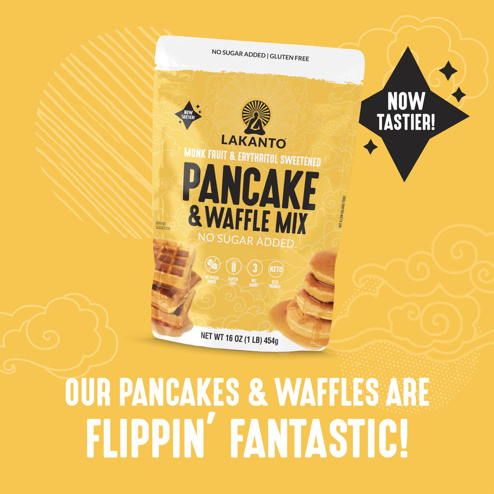 Stacked fluffy pancakes made with Lakanto mix, light and satisfying.