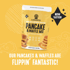 Stacked fluffy pancakes made with Lakanto mix, light and satisfying.