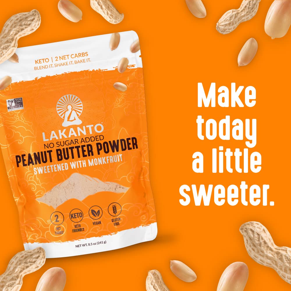 Lakanto Peanut Butter Powder jar with measuring scoop for quick prep