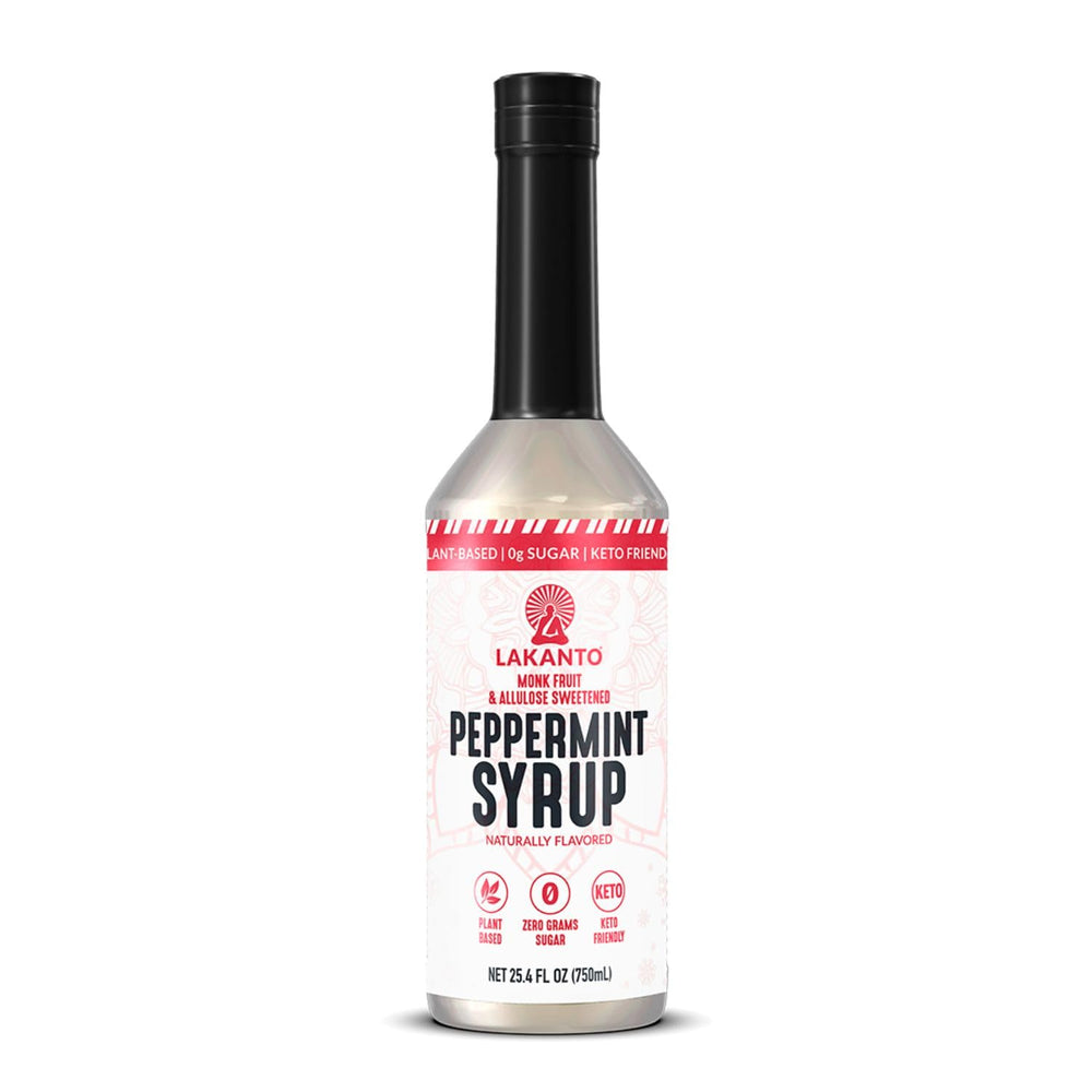 Lakanto Peppermint Syrup bottle close-up with festive zero sugar flavor.